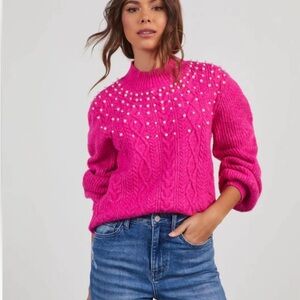 Flying Tomato Pink Crew Neck Sweater with Beaded Accents